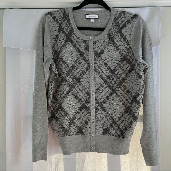 Sweater-CHARTER CLUB Grey with Shiny Embellishments cardigan long sleeves Large - Picture 2 of 10